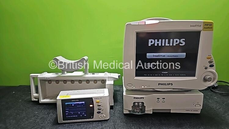 Job Lot Including 1 x Philips IntelliVue MP30 Anesthesia Patient Monitor (Powers Up and 1 x Missing Battery - See Photo) with 1 x Philips IntelliVue X2 Handheld Patient Monitor Including ECG, SpO2, NBP, Temp and Press Options (Powers Up), 1 x Philips Inte