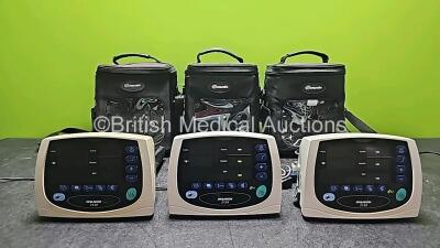 3 x Nonin 2120 Pulse Oximeter Monitors with 3 x BP Cuffs, 3 x Finger Sensors and 2 x Power Supplies in 3 x Carry Cases (All Power Up, 1 x Carry Case with Broken Zip)