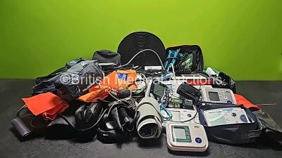 Large Quantity of Various A&D and Omron Digital Blood Pressure Monitors with Cuffs in Bag , Various BP Gauges and Patient Monitoring Leads