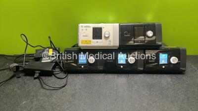 Job Lot Including 4 x ResMed AirSense 10 AutoSet CPAPs (All Power Up, 1 with "Heating System Fault" Message, All Missing Humidifier Chambers) and 1 x ResMed AirSense 10 AutoSet for Her CPAP with 3 x Power Supplies (Powers Up, Missing Humidifier Chamber) *