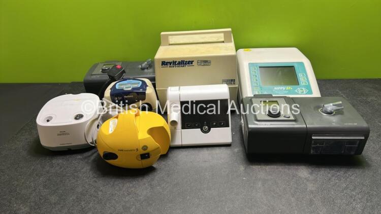 Job Lot Including 1 x B&D Electromedical Nippy ST+ Ventilator, 1 x DevilBiss Revitalizer Soft-Start Nebulizer, 1 x ResMed Escape S8 CPAP, 1 x Philips Respironics InnoSpire Essence Nebulizer, 1 x PariBoy JuniorBOY S Nebulizer, 2 x Philips Respironics REMst