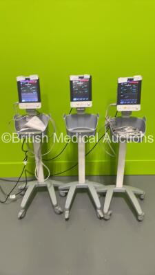 3 x Mindray VS-900 Vital Signs Monitors on Stands with Selection of Cables (All Power Up - 1 x Damaged Handle)