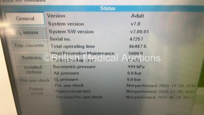 Maquet Servo-i Ventilator Model No 06487800 System Version v7.0 - System Software Version v7.00.01 - Total Operating Hours 86487 - with Hoses (Powers Up, - 2