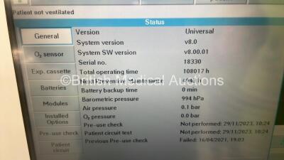 Maquet Servo-i Ventilator Model No 06487800 System Version v8.0 - System Software Version v8.00.01 - Total Operating Hours 108017 - with Hoses (Powers Up - Power Button Loose - See Photo) - 2