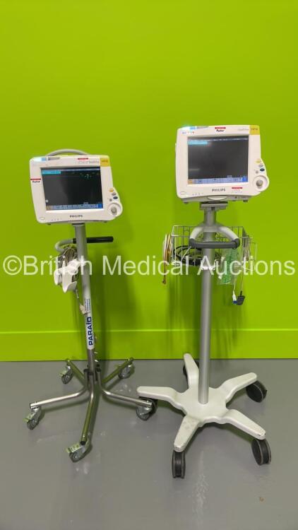 2 x Philips IntelliVue MP30 Patient Monitors on Stands with 2 x Philips M3001A Multiparameter Modules and 1 x Philips M3015A Gas Module with Microstream Option (S)