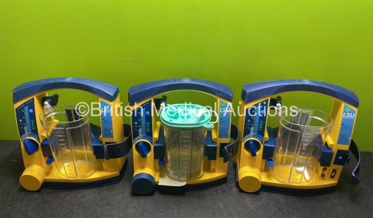 3 x Laerdal LSU Suction Units with 3 x Cups and 3 x Batteries (All Power Up, 2 x Cups Missing Lids) *SN 78261752727 / 78271469772 / 78271469689*