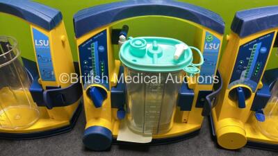 3 x Laerdal LSU Suction Units with 3 x Cups and 3 x Batteries (All Power Up, 2 x Cups Missing Lids) *SN 78261752727 / 78271469772 / 78271469689* - 3