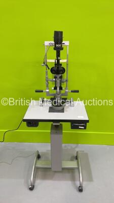 Haag-Streit Bern B900 Slit Lamp with 2 x 10x Eyepieces, 2 x 16 x Eyepieces on Haag Streit Bern Hydraulic Table (Powers Up with Good Bulb - Crack to Light Cap - See Photos)