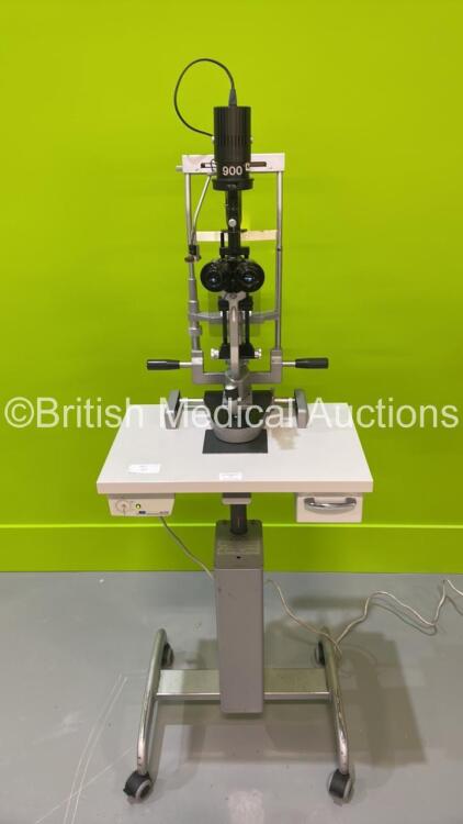 Haag Streit Bern SL900 Slit Lamp with 2 x 10x, 2 x 16x Eyepieces and Chin Rest on Hydraulic Table - Missing Power Switch (Powers Up with Good Bulb) *900.1.1.73504* (S)