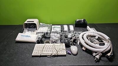 Mixed Lot Including 1 x Nidek Power Footswitch 17330-0021, 1 x Nidek Unknown Lense with Chin Rest , 1 x Keyboard with 1 x Mouse and Cables and Various Keeler Slit Lamp Attachments