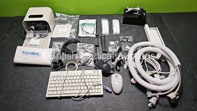 Mixed Lot Including 1 x Nidek Power Footswitch 17330-0021, 1 x Nidek Unknown Lense with Chin Rest , 1 x Keyboard with 1 x Mouse and Cables and Various Keeler Slit Lamp Attachments - 2