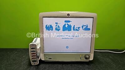 GE Carescape B650 Touch Screen Patient Monitor (Powers Up and Damage to Case - See Photo) with GE Dinamap Ref 2016793-002 Patient Data Module *Mfd 2020* (Powers Up) Including ECG, Temp/CO, P1/P3, P2/P4, SpO2 and NIBP Options *SN SPX20270472SA / SEW111878