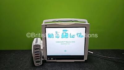 GE B450 Carescape Monitor *Mfd 2018* (Powers Up) with 1 x GE Patient Data Module *Mfd 2017* (Powers Up and Missing Battery Cover - See Photo) Including ECG, Temp,CO, P1/P3, P2/P4, SpO2 and NIBP Options *SN SA317350085SA / SNE18060088HA*