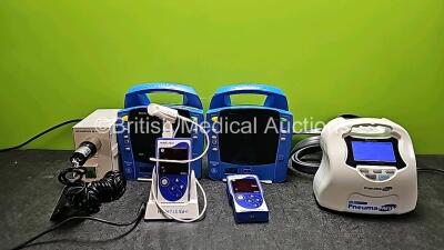 Mixed Lot Including 2 x GE DinaMap ProCare 300 Monitors (Both No Power), 1 x G+N Pneumapress DVT Series Pump, 1 x Olympus MU-1 Leakage Tester (Powers Up) and 2 x Huntleigh SmartSign MiniPlus Units (1 x Missing Battery Cover -See Photo) with 1 x Huntleigh 