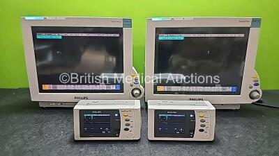 Job Lot Including 2 x Philips IntelliVue MP70 Neonatal Touch Screen Patient Monitors (Both Power Up and 2 x Scratched Screens) with 2 x Philips IntelliVue X2 Handheld Patient Monitors Including ECG, SpO2, NBP, Press and Temp Options (Both Power Up with St