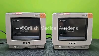 2 x Philips IntelliVue MP5 Neonatal Touch Screen Patient Monitors Including ECG, SpO2, NBP, Temp and Press Options (Both Power Up, Both Missing Internal Batteries and 2 x Damaged Casing - See Photos)