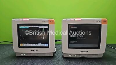 2 x Philips IntelliVue MP5 Neonatal Touch Screen Patient Monitors Including ECG, SpO2, NBP, Temp and Press Options (Both Power Up, Both Missing Internal Batteries, 1 x Faulty Touch Screen and 1 x Scratched Screen - See Photo)