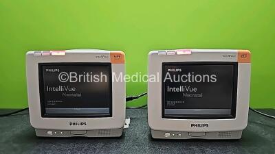 2 x Philips IntelliVue MP5 Neonatal Touch Screen Patient Monitors Including ECG, SpO2, NBP, Temp and Press Options (Both Power Up, Both Missing Internal Batteries and Both Damage to Case - See Photos)