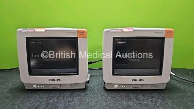 2 x Philips IntelliVue MP5 Neonatal Touch Screen Patient Monitors Including ECG, SpO2, NBP, Temp and Press Options (Both Power Up and 1 x Damage to Case - See Photo)