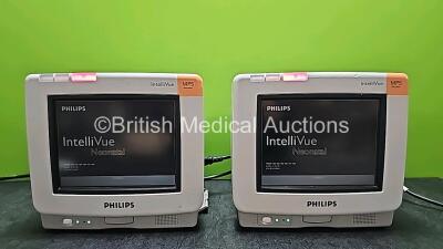 2 x Philips IntelliVue MP5 Neonatal Touch Screen Patient Monitors Including ECG, SpO2, NBP, Temp and Press Options (Both Power Up and Both Missing Internal Batteries - See Photo)