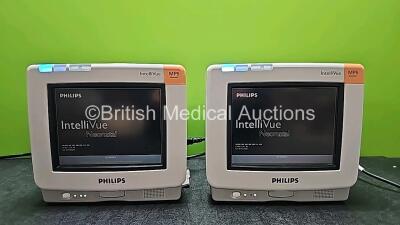 2 x Philips IntelliVue MP5 Neonatal Touch Screen Patient Monitors Including ECG, SpO2, NBP, Temp and Press Options (Both Power Up, 1 x Missing Internal Battery and 1 x Damage to Case - See Photo)