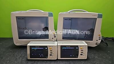 Job Lot Including 2 x Philips IntelliVue MP50 Anesthesia Touch Screen Patient Monitors (Both Power Up and Both Missing Internal Batteries - See Photos) with 2 x Philips IntelliVue X2 Handheld Patient Monitors Including ECG, SpO2, NBP, Press and Temp Optio