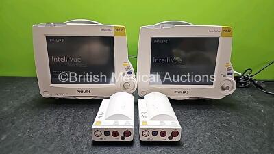 Job Lot Including 2 x Philips IntelliVue MP30 Neonatal Touch Screen Patient Monitors (Both Power Up, Both Missing Batteries and 1 x Faulty Touch Screen - See Photos) with 2 x Philips M3001A Modules Including ECG, SpO2, NBP, Press and Temp Options