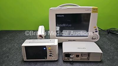 Job Lot Including 1 x Philips IntelliVue MP30 Neonatal Touch Screen Patient Monitor (Powers Up) with 1 x Philips IntelliVue X2 Handheld Patient Monitor Including ECG, SpO2, NBP, Press and Temp Options (Powers Up with Blank Screen - Stock Battery Used, Sto