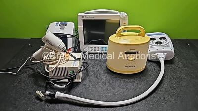 Mixed Lot Including 1 x Fisher & Paykel Airvo 2 Respiratory Humidifier (Powers Up), 1 x GE Datex Ohmeda S/5 F-FM-00 Patient Monitor (No Power and Damaged - See Photo), 1 x Dentsply QHL75 Curing Light (Powers Up and Damaged Handpiece), 1 x Unknown Light So