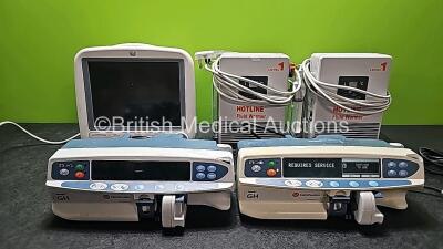 Mixed Lot Including 2 x Hotline Level 1 Fluid Warmer Unit, 1 x GE Dash 4000 Patient Monitor Including ECG, NBP, SpO2, BP1, BP2, Temp/CO and CO2 Options (Powers Up with Blank Screen, 1 x Missing Battery and Damages to Case - See Photo) and 2 x CareFusion A