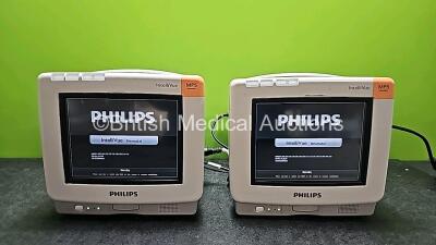 2 x Philips IntelliVue MP5 Neonatal Touch Screen Patient Monitors *Mfd 2016* with NBP, SpO2 and ECG / Resp Options (All Power Up) *SN DE580A0491 / DE580A0528*