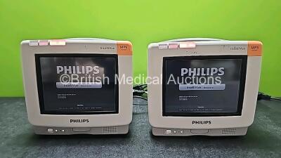 2 x Philips IntelliVue MP5 Neonatal Touch Screen Patient Monitors *Mfd 2014* with NBP, SpO2 and ECG / Resp Options (All Power Up) *SN DE46984369 / DE46984348*