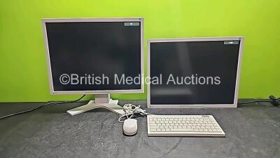 2 x Eizo Color LCD Monitors (Both Power Up and 1 x on Stand) with 1 x Keyboard and 1 x Mouse