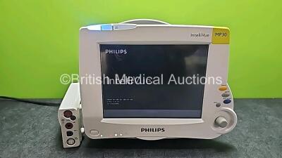 Philips IntelliVue MP30 Touch Screen Patient Monitor (Powers Up, Faulty Dial and Cracked Case) with 1 x Philips M3001A Module Including ECG, SpO2, NBP, Press and Temp Options *SN DE22746143 / DE62234002*