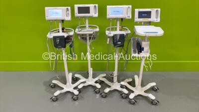 4 x Welch Allyn Connex Patient Monitors on Stands with Selection of Cables (All Power Up) *S/N 100093533521 / 100092193216 / 100037811416 / 100021690916*