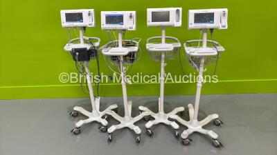 4 x Welch Allyn Connex Patient Monitors on Stands with Selection of Cables (All Power Up) *S/N 100092033216 / 10007343616 / 100092073216 / 100092273216*