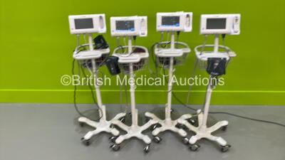 4 x Welch Allyn Connex Patient Monitors on Stands with Selection of Cables (All Power Up) *S/N 100073912616 / 1003962616 / 100021750916 / 100022370916*