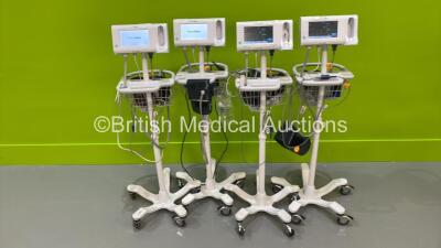 4 x Welch Allyn Connex Patient Monitors on Stands with Selection of Cables (All Power Up) *S/N 10092223216 / 100085273617 / 100092263216 / 100021730916*