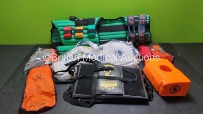 Job Lot Including 4 x Laerdal Stifneck Collars, 3 x Ambu Stiff Neck Collars, 2 x Spencer Extraction Devices, Various Ambulance Safety Straps, 3 x Spencer Contour Immobilizers and 1 x Foam Head Block