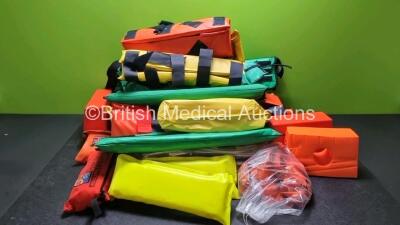 Job Lot Including 1 x Spencer Extraction Device with 3 x Splints, 3 x Foam Head Blocks, 1 x Kendrick Traction Splint, 3 x Laerdal Stifneck Collars, 1 x Ambu Stiff Neck Collar, 5 x Spencer Safety Strap, and 3 x Leg Splints