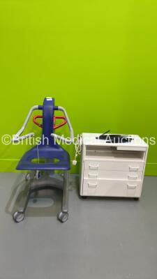 1 x Arjo Alenti Chair Lift with Battery and Controller (Powers Up) and 1 x Mobile Drawer Cart with Various Consumables (Damage to Rear Power Supply - See Photo)