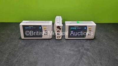 Job Lot Including 2 x Philips IntelliVue X2 Handheld Patient Monitors Including ECG, SpO2, NBP, Press and Temp Options (Both Power Up with Stock Battery Stock Battery Not Included) and 1 x Philips M3001A Opt A01C06 Module Including ECG, SpO2, NBP, Press a