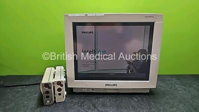 Philips IntelliVue MP70 Anesthesia Touch Screen Patient Monitor (Powers Up, Missing Badge and Faulty Touch Screen) with 1 x Agilent M3000A Module Including ECG/Resp, Spo2, NBP, Press and Temp Options (Cracked Case - See Photo) and 1 x 1 x Philips M3012A M