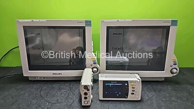 Job Lot Including 2 x Philips IntelliVue MP70 Neonatal Touch Screen Patient Monitors (Both Power Up) with 1 x Philips IntelliVue X2 Handheld Patient Monitor Including ECG, SpO2, NBP, Press and Temp Options (Powers Up with Stock Battery - Stock Battery Not