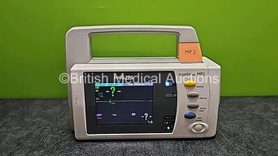 Philips IntelliVue MP2 Handheld Patient Monitor Including ECG, SpO2, NBP, Press and Temp Options (Powers Up with Stock Battery - Stock Battery Not Included and Damaged Case - See Photo)