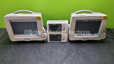 2 x Philips IntelliVue MP30 Patient Monitors (Both Power Up) with 2 x Philips IntelliVue X2 Handheld Patient Monitors Including ECG, SpO2, NBP, Press and Temp Options (Both Power)