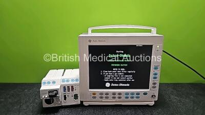 GE Datex Ohmeda Type F-CM1-05 Patient Monitor (Powers Up, Damaged Case and Missing Dial - See Photo), 1 x GE E- CAiOV-00 Gas Module with D-fend Water Trap *Mfd 2011* and 1 x GE Type E-PRESTN-00 Module with ECG, SpO2, T1, T2, P1, P2 and NIBP Options *Mfd 2