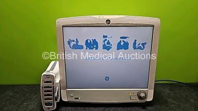 GE Carescape B650 Touch Screen Patient Monitor (Powers Up and Damage to Case - See Photos) with GE Dinamap Ref 2016793-002 Patient Data Module *Mfd 2020* (Powers Up) Including ECG, Temp/CO, P1/P3, P2/P4, SpO2 and NIBP Options *SN SEW13068623HA / SPX200700