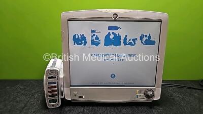 GE Carescape B650 Touch Screen Patient Monitor (Powers Up) with GE Dinamap Ref 2016793-002 Patient Data Module *Mfd 2020* (Cracked Case - See Photo) Including ECG, Temp/CO, P1/P3, P2/P4, SpO2 and NIBP Options *SN SEW13068622HA / SPX20060103SA* *W*