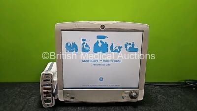 GE Carescape B650 Touch Screen Patient Monitor (Powers Up) with GE Dinamap Ref 2016793-002 Patient Data Module *Mfd 2020* (Powers Up) Including ECG, Temp/CO, P1/P3, P2/P4, SpO2 and NIBP Options *SN SPX20070190SA / SEW13068335HA* *W*